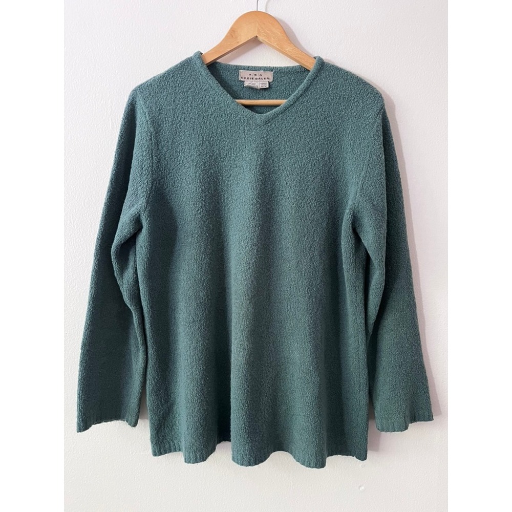 Eddie Bauer Vintage V-Neck Wool Sweater Blue Green Pullover size medium